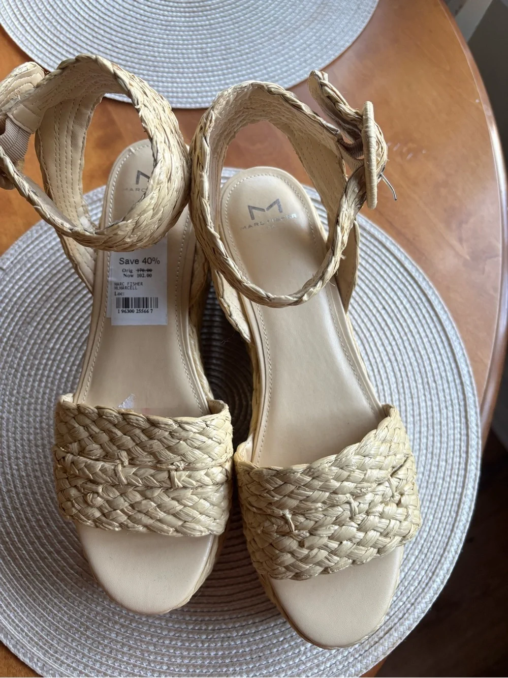 Marc Fisher Woven Platform Sandals in Natural Beige, 4 inches  high